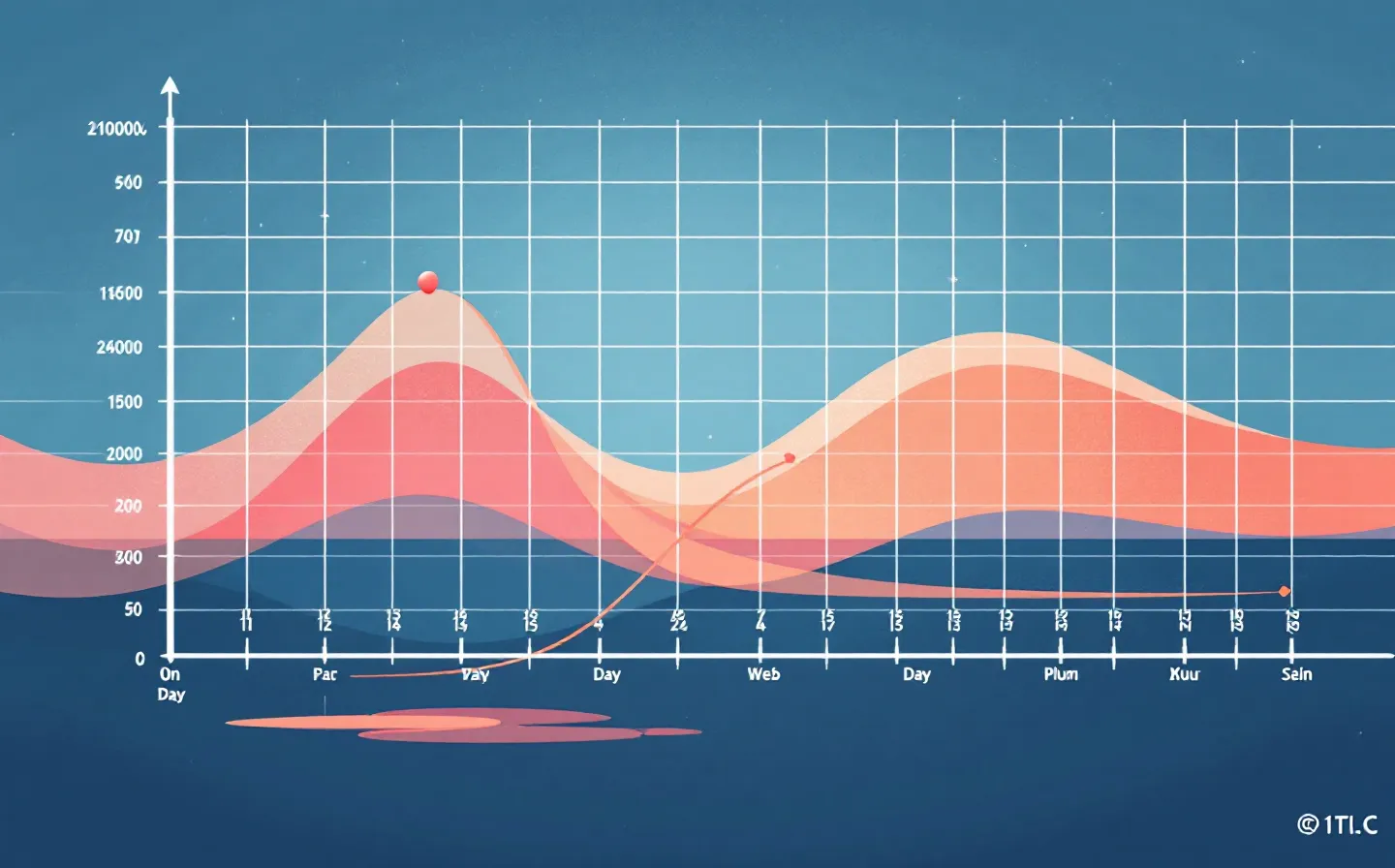 Clean marketplace-style illustration of a coral multi-day pharmacokinetic decay curve over slate day-marks with a small short plum reference curve, on a cool near-white ground